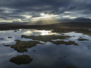 Morning light, cloudy mood, sunbeams, loch, moor, mountain landscape, aerial view, autumn, Lochan