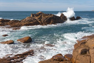 Rocks on the coast surrounded by churning sea and waves, Ploumanac'h, Ploumanach, Perros-Guirec,