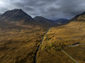 Morning light, cloudy mood, sunbeams, moor, mountain landscape, aerial view, road, autumn, Glen