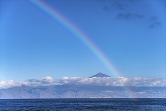 Rainbow and view of Tenerife and Mount Teide, Hermigua, La Gomera, Canary Islands, Spain, Europe