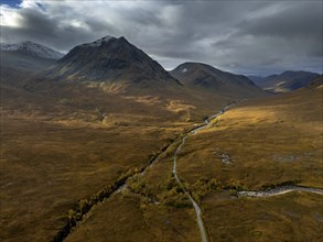 Morning light, cloudy mood, sunbeams, moor, mountain landscape, aerial view, road, autumn, Glen