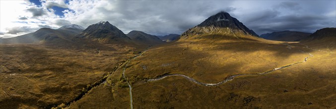 Morning light, cloudy mood, sunbeams, moor, mountain landscape, aerial view, road, autumn,