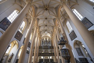 Interior with vaulted ceiling and organ loft, organ built in 1751 by the organ builder Johann