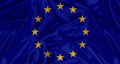 Realistic European Union flag waving. Close up of flag of the European Union with cloth texture