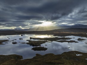 Morning light, cloudy mood, sunbeams, loch, moor, mountain landscape, aerial view, autumn, Lochan