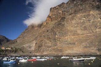 Fishing boats in the harbour of Vueltas, Valle Gran Rey, La Gomera, Canary Islands, Spain, Europe