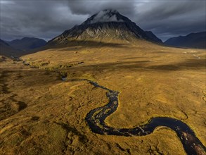 Morning light, cloudy mood, sunbeams, river, moor, mountain landscape, aerial view, autumn, view of