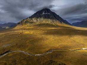 Morning light, cloudy mood, sunbeams, river, mountain landscape moor, aerial view, autumn, view of