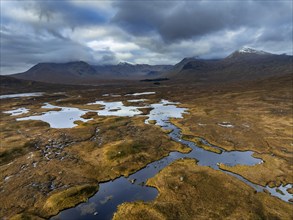 Morning light, cloudy mood, loch, moor, aerial view, mountain landscape, autumn, Lochan na