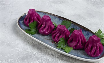 Beetroot khinkali, mini khinkali, purple, Georgian cuisine, no people