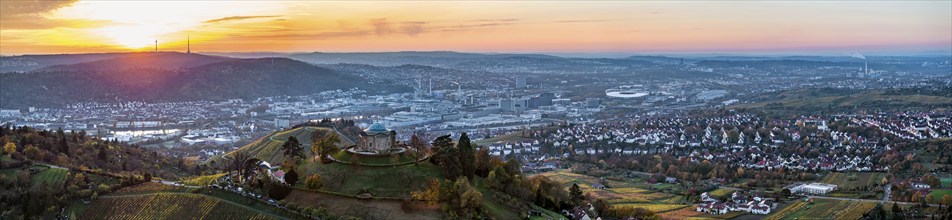 Sunset at the burial chapel on the Württenberg, aerial view, panoramic photo. The mausoleum was