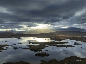 Morning light, cloudy mood, sunbeams, loch, moor, mountain landscape, aerial view, autumn, Lochan