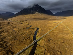 Morning light, cloudy mood, sunbeams, river, moor, mountain landscape, aerial view, road, autumn,