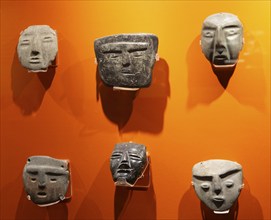 Display of masks, archaeological site and museum of Templo Mayor, Mexico City, Mexico, Central