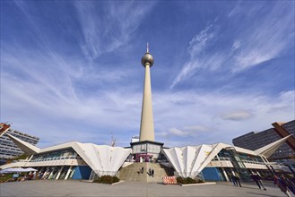 Berlin television tower against blue sky with cirrostratus clouds, Panoramastraße, Berlin, capital