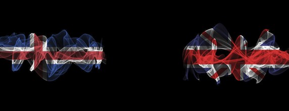 Flags of Iceland and United Kingdom on Black background, Iceland vs United Kingdom Smoke Flags