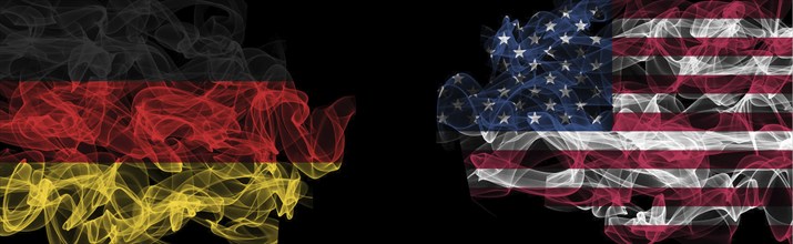 Flags of Germany and USA on Black background, Germany vs USA Smoke Flags