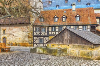 Bamberg city center street view with half-timbered colorful houses