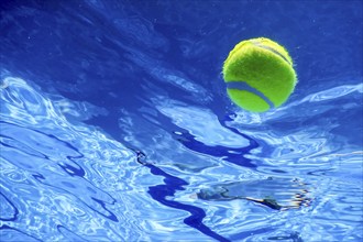 Tennis Summer Concept, Tennis Ball Underwater, Swimming Pool, Summer Tennis Camp