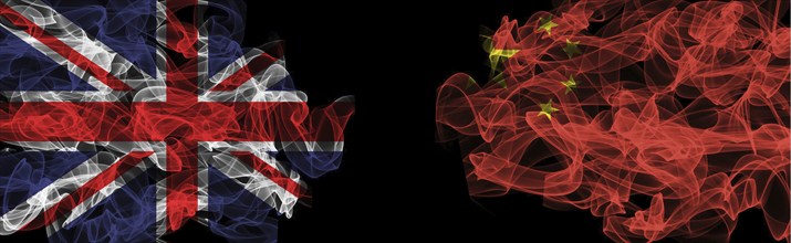 Flags of Union Jack and China on Black background, Union Jack vs China Smoke Flags