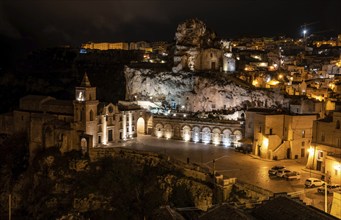 Famous church of Saint Peter Caveoso in Matera at night, Italy, Europe