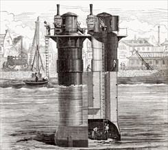 Construction of the Tay Rail Bridge, Scotland, with a caisson, Triger process, before the Tay