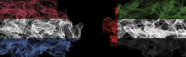 Flags of Netherlands and UAE on Black background, Netherlands vs United Arab Emirates Smoke Flags