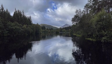 Glencoe Lochan, small loch in rainy weather, Glencoe, Highlands, Scotland, Great Britain