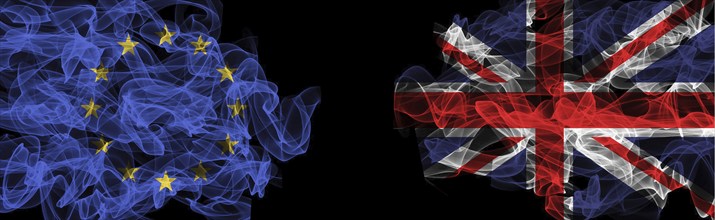 Flags of EU and United Kingdom on Black background, EU vs United Kingdom Smoke Flags