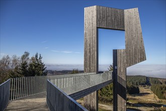 Wooden sculpture with steel walkway and viewpoint. Windsound sculpture Erbeskopf, Hilscheid,