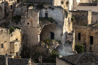 Abandoned ruins of residential cave houses in downtown Matera, Southern Italy