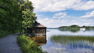 Boathouse with reed belt on the Staffelsee circular path