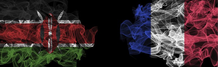 Flags of Kenya and France on Black background, Kenya vs France Smoke Flags