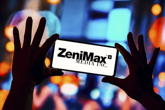 In this photo illustration, the ZeniMax Media logo is displayed on a smartphone screen