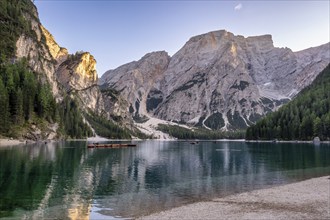 Peaceful alpine lake Braies in Dolomites mountains. Lago di Braies, Italy, Europe. Scenic image of