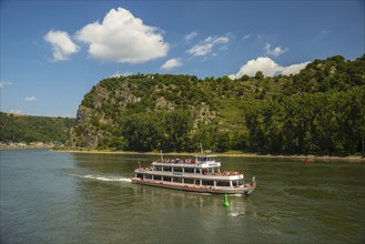 Excursion boat, Loreley rock above the Rhine, UNESCO World Heritage Upper Middle Rhine Valley,