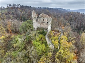 Aerial view of the ruins of Altbodman on the Bodanrück, above the village of Bodman in autumn