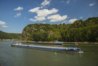 Cargo ships, Loreley rock above the Rhine, UNESCO World Heritage Upper Middle Rhine Valley, Sankt