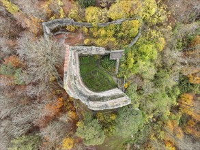 Aerial view, top down view of the ruin Altbodman on the Bodanrück, above the village Bodman in