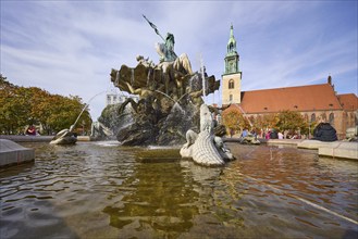 Neptune Fountain and St Mary's Church in Berlin, capital city, independent city, federal state of