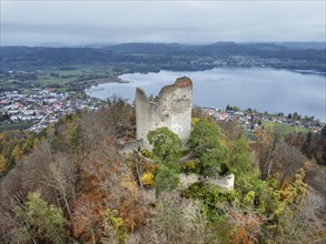 Aerial view of the ruins of Altbodman on the Bodanrück, above the village of Bodman in autumn