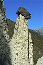 Earth pyramids of Euseigne with cairn, Hérémence, Hérens Valley, Val d'Hérens, Valais, Switzerland,