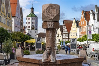 The market square, market fountain and lower Tor tor in the old town centre of Günzburg, Bavaria,