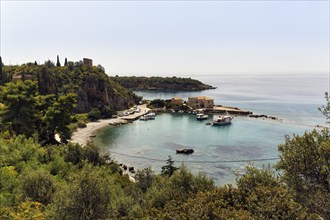 Coastline near Stoupa, former fishing village, Mani, haze, Messinian Gulf, Ionian Sea, Greece,