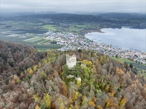 Aerial view of the ruins of Altbodman on the Bodanrück, above the village of Bodman in autumn