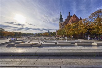 Water cascades and St Mary's Church backlit, Panoramastraße, Berlin, capital city, independent