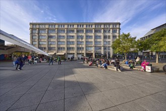 Berlin TV Tower forecourt with commercial building, Panoramastrasse, Berlin, capital city,