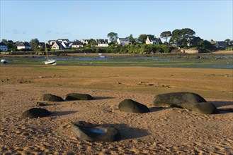 Sandy coastal scene with visible stones and houses in the background, Trégastel, Tregastel,