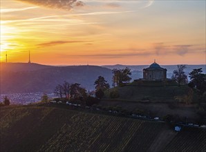 Sunset at the burial chapel on the Württenberg, aerial view. The mausoleum was built between 1820