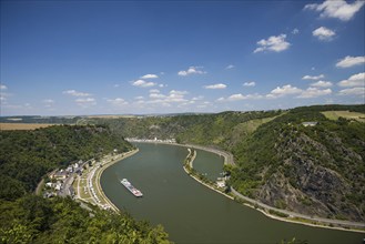 Panorama from Loreleyblick Maria Ruh on the Rhine with the Rhine bend, Loreley harbour, Loreley